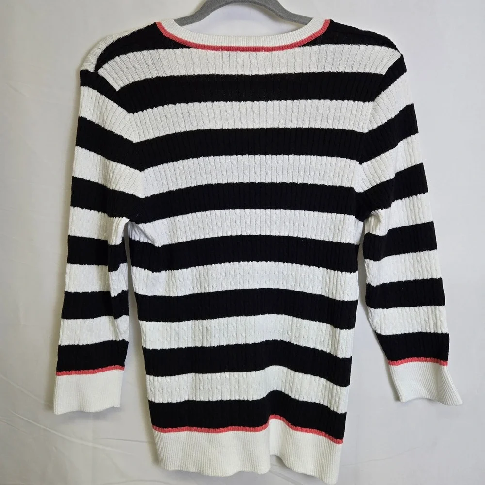 Pria‎ Striped Cable Knit Sweater, Preppy, 100% Cotton, Black White, Large, NWOT